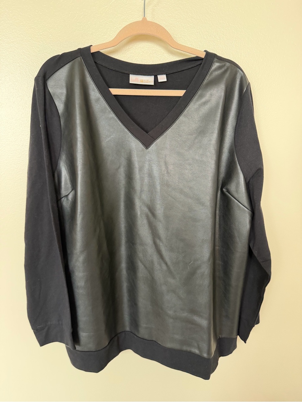 BELLE BY KIM GRAVEL Faux Leather Panel Black Long Sleeve Blouse